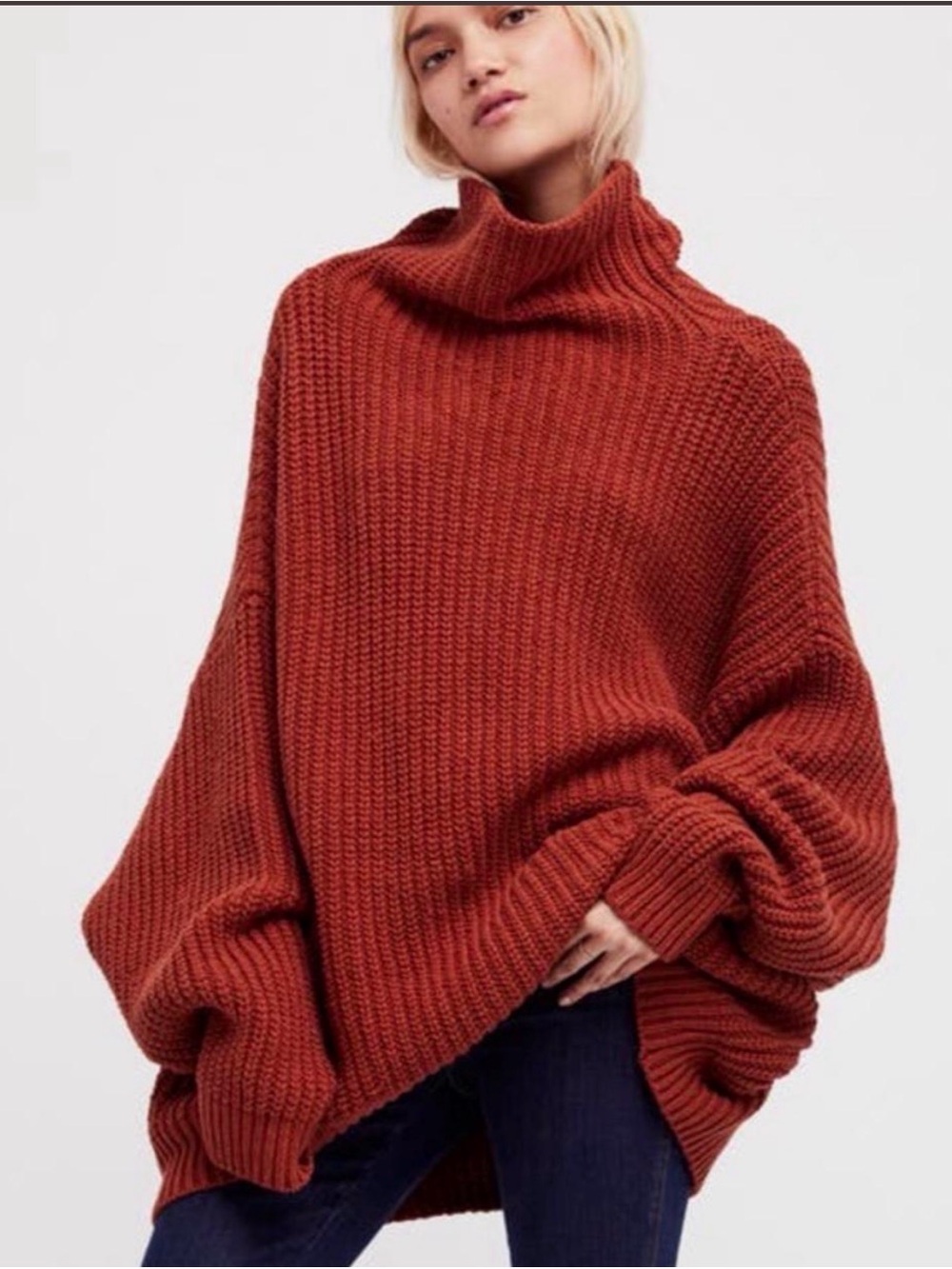 Free People "Swim Too Deep" chunky knit ribbed Turtleneck Sweater Rust S Slouchy